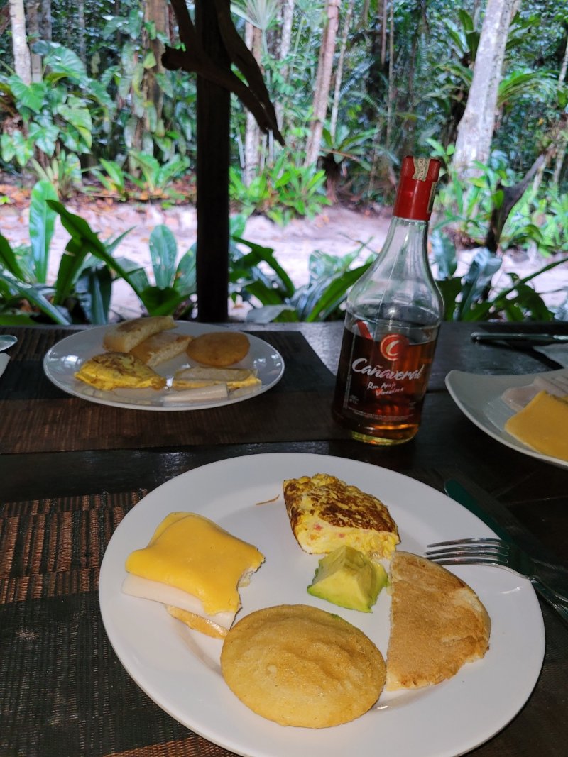 Завтрак в тропическом лесу, приготовленный гидом: с arepas без начинки, омлетом и авокадо.